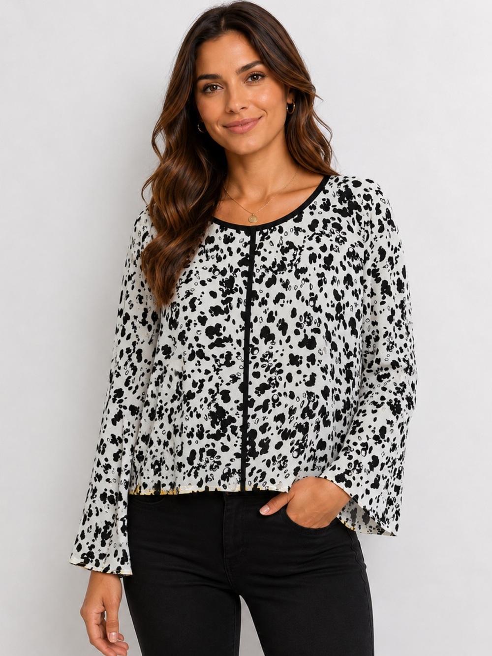Vince Camuto Black White Animal Print Bell Sleeve Blouse Top - Size M